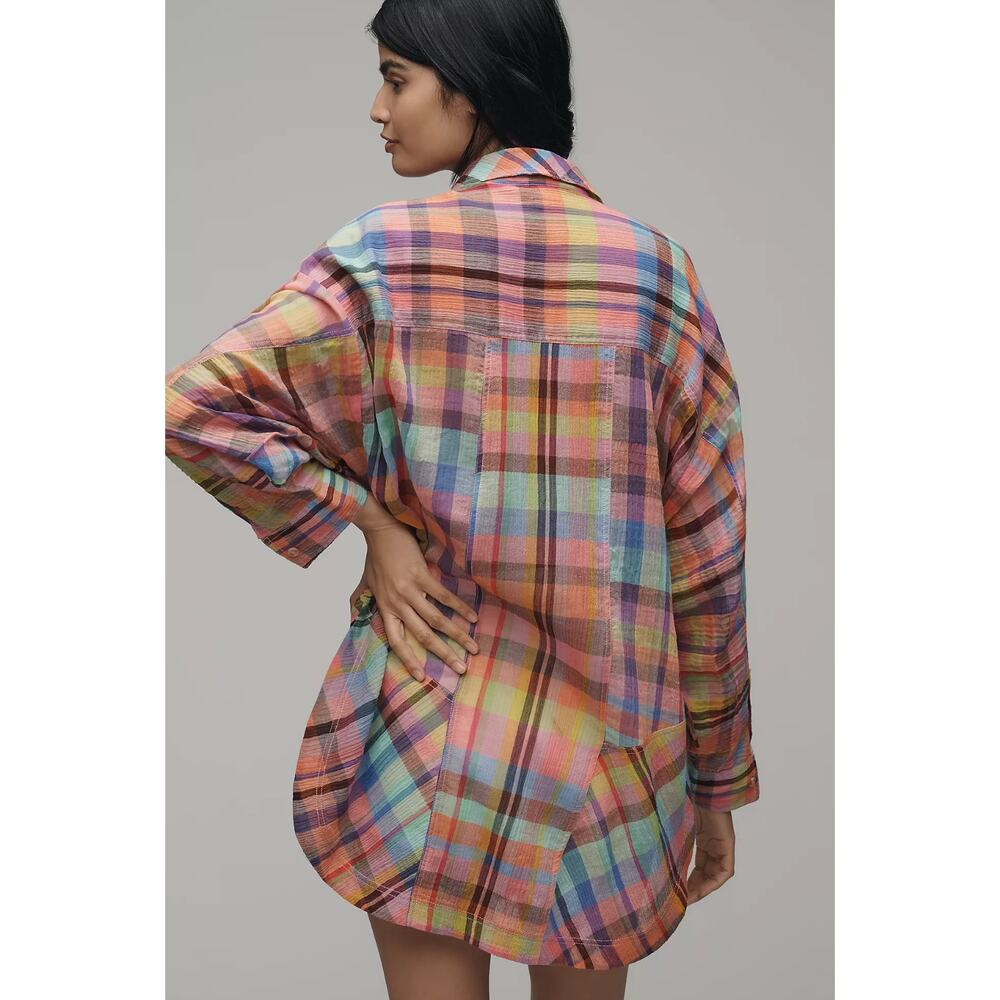 NEW Pilcro Mixed Madras Plaid Oversized Shirt XXS/XS Long Sleeve Button-Down - Picture 2 of 10